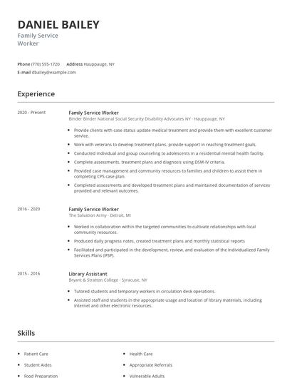 Family Service Worker Resume