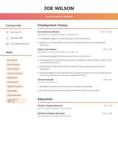 Family Service Worker Resume
