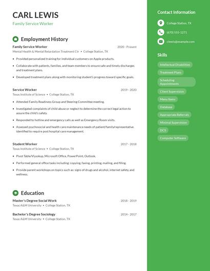 Family Service Worker Resume
