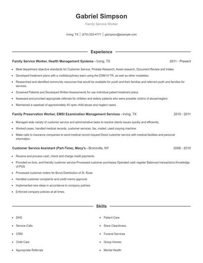 Family Service Worker Resume