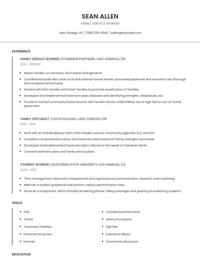 Family Service Worker Resume