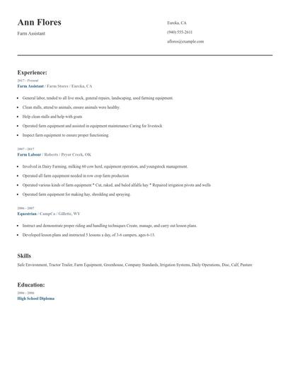 Farm Assistant Resume