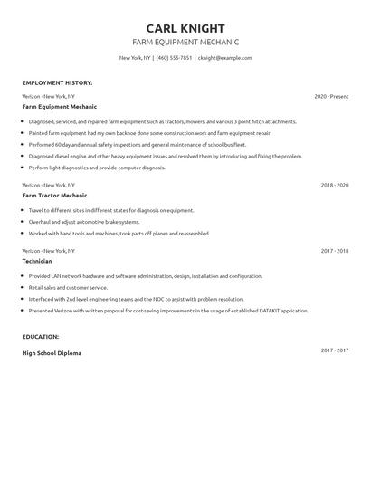 Farm Equipment Mechanic Resume