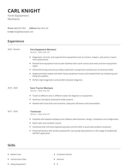Farm Equipment Mechanic Resume
