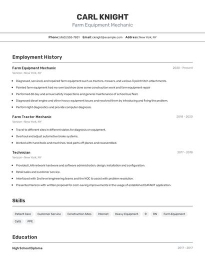 Farm Equipment Mechanic Resume