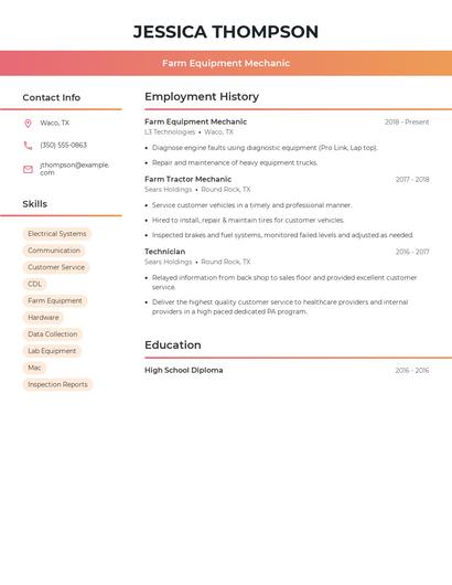 Farm Equipment Mechanic Resume