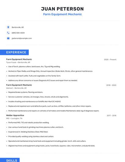 Farm Equipment Mechanic Resume
