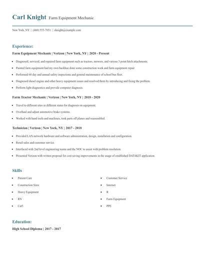 Farm Equipment Mechanic Resume