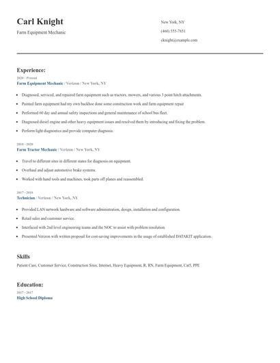 Farm Equipment Mechanic Resume