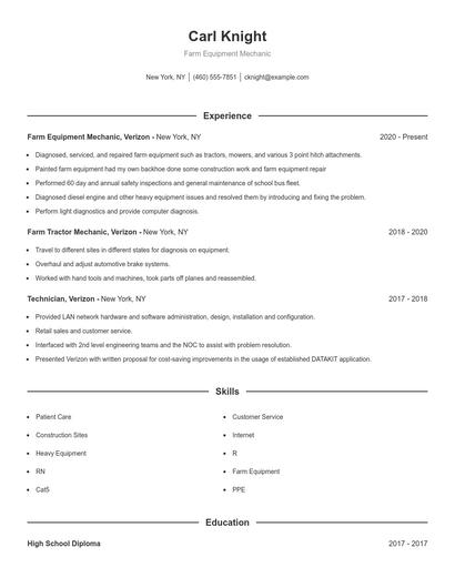 Farm Equipment Mechanic Resume