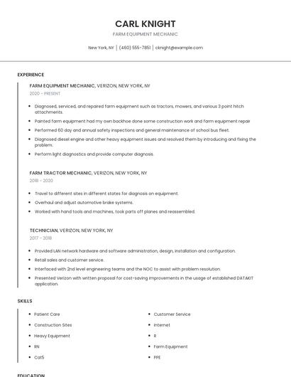 Farm Equipment Mechanic Resume