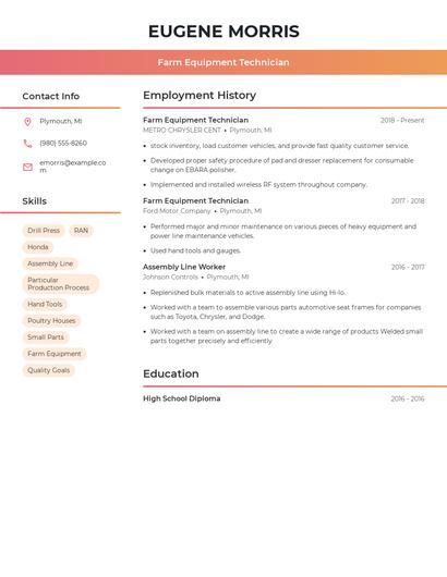 Farm Equipment Technician Resume