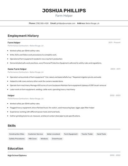 Farm Helper Resume