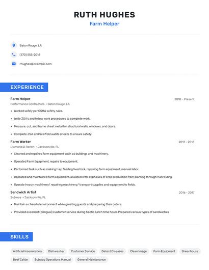 Farm Helper Resume