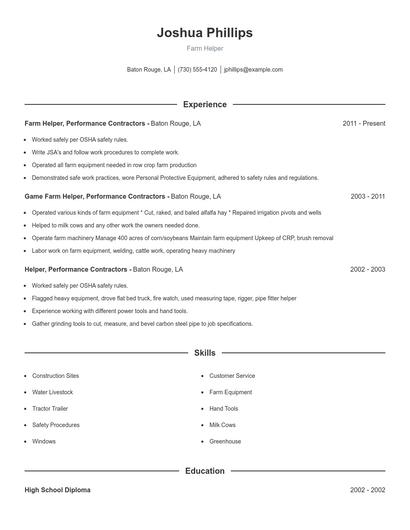 Farm Helper Resume