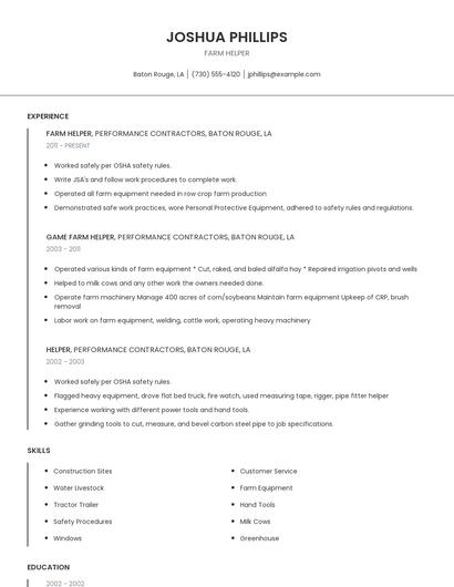 Farm Helper Resume