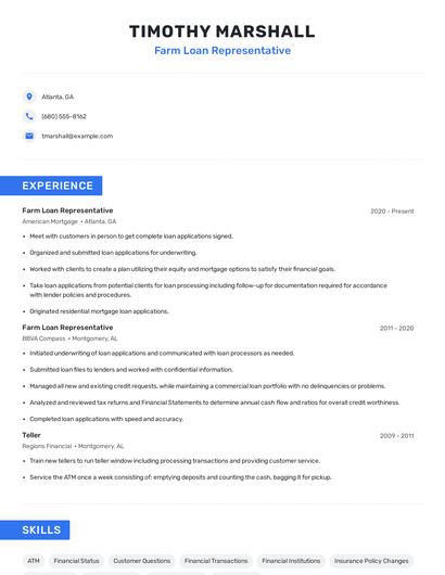 Farm Loan Representative Resume