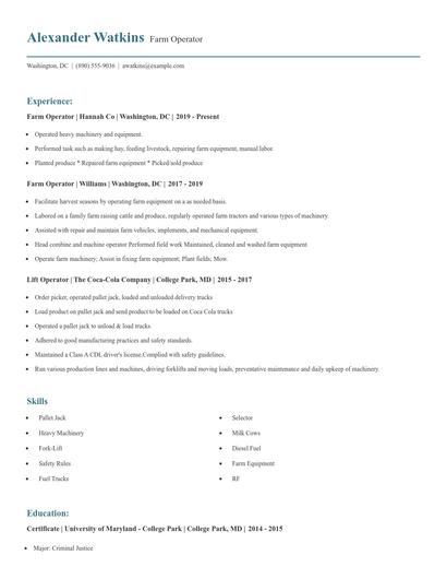 Farm Operator Resume
