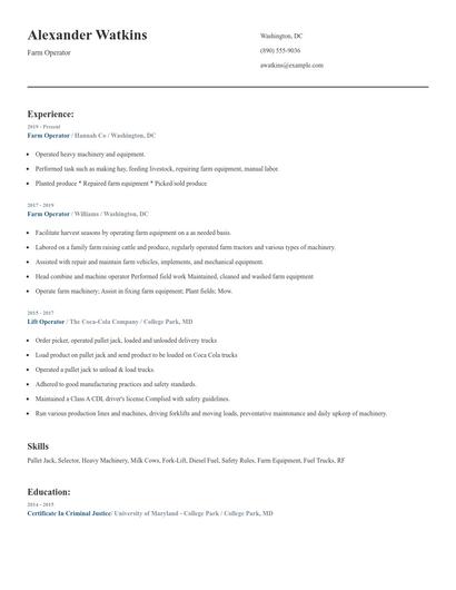 Farm Operator Resume