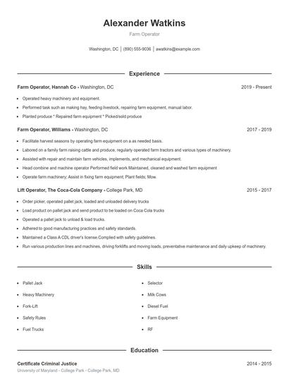 Farm Operator Resume