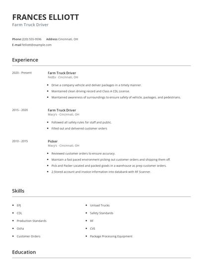 Farm Truck Driver Resume