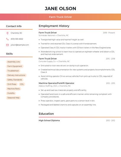 Farm Truck Driver Resume