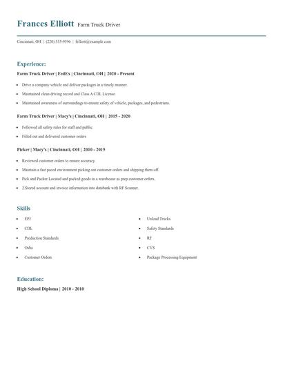 Farm Truck Driver Resume