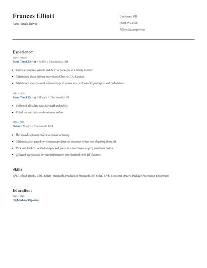 Farm Truck Driver Resume