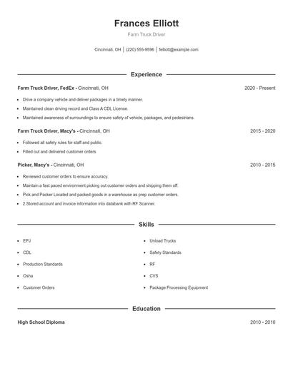 Farm Truck Driver Resume
