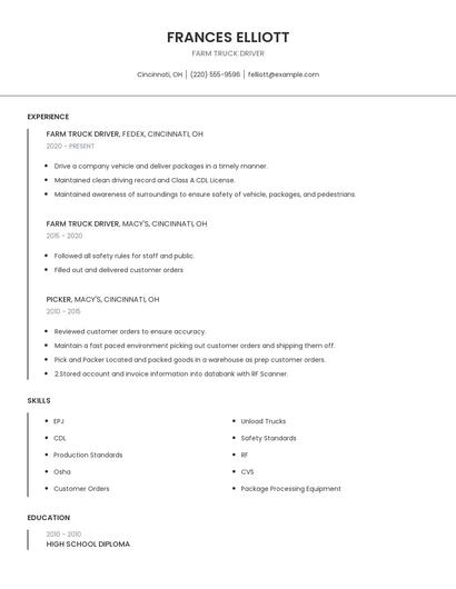 Farm Truck Driver Resume