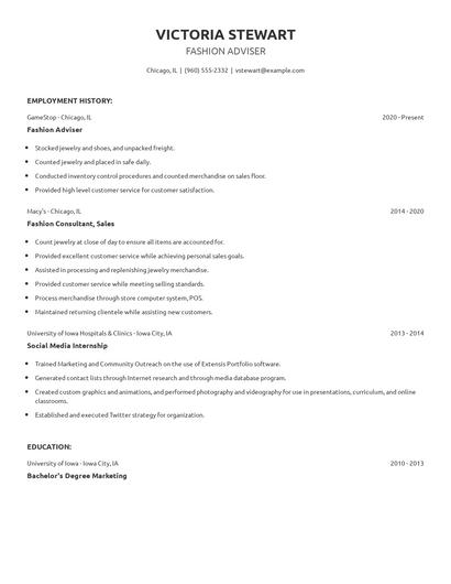 Fashion Adviser Resume