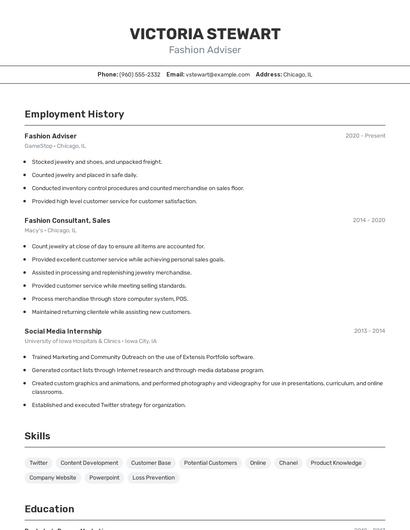 Fashion Adviser Resume