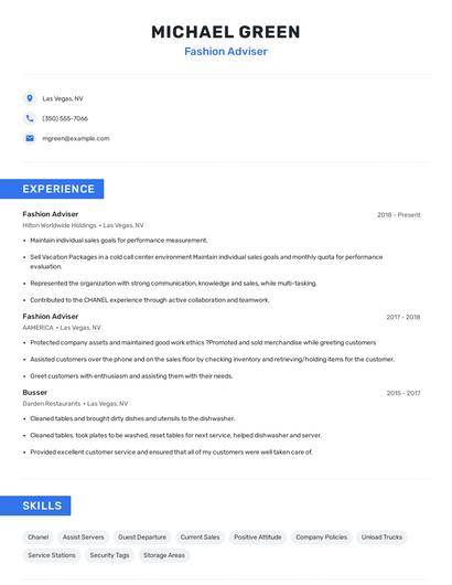 Fashion Adviser Resume