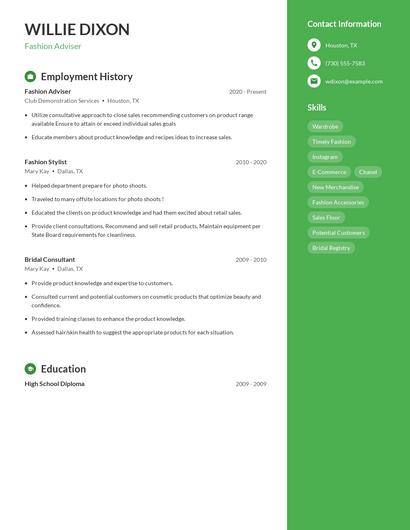 Fashion Adviser Resume