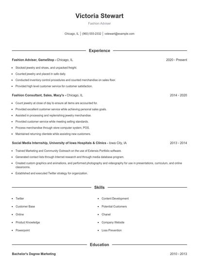 Fashion Adviser Resume
