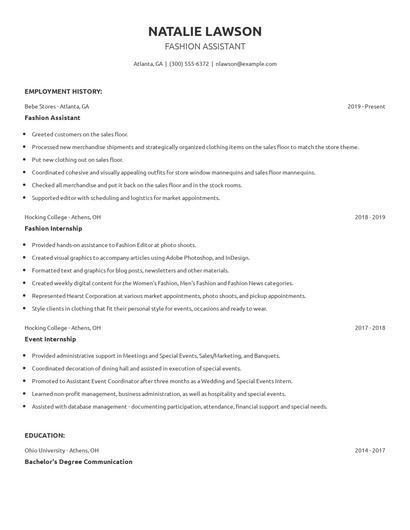 Fashion Assistant Resume