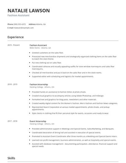 Fashion Assistant Resume