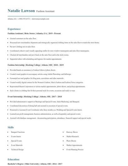 Fashion Assistant Resume