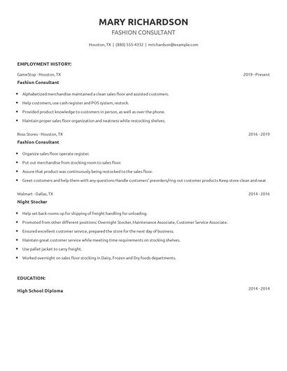 Fashion Consultant Resume