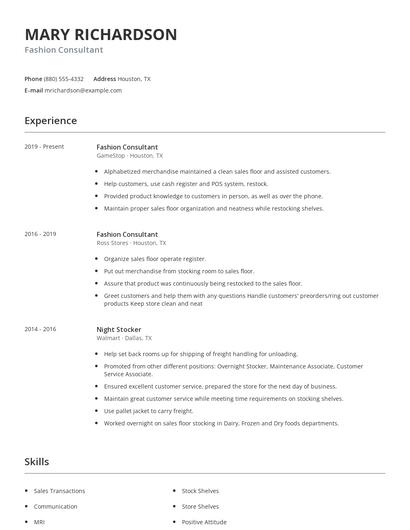 Fashion Consultant Resume