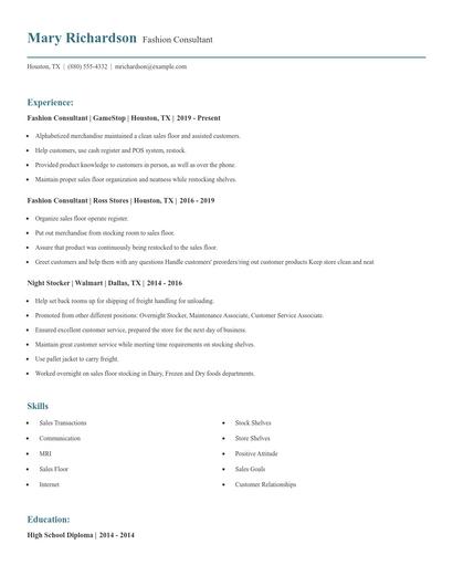 Fashion Consultant Resume