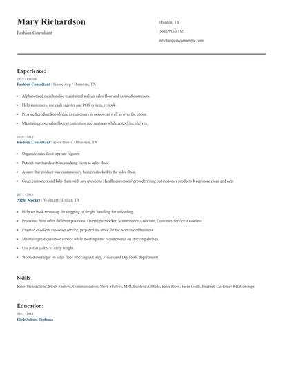 Fashion Consultant Resume