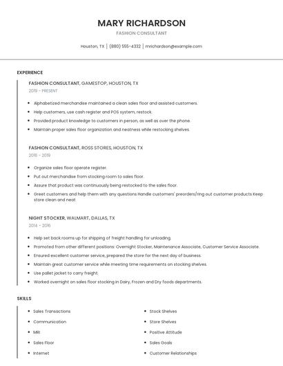 Fashion Consultant Resume