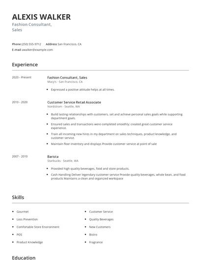Fashion Consultant, Sales Resume