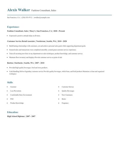 Fashion Consultant, Sales Resume
