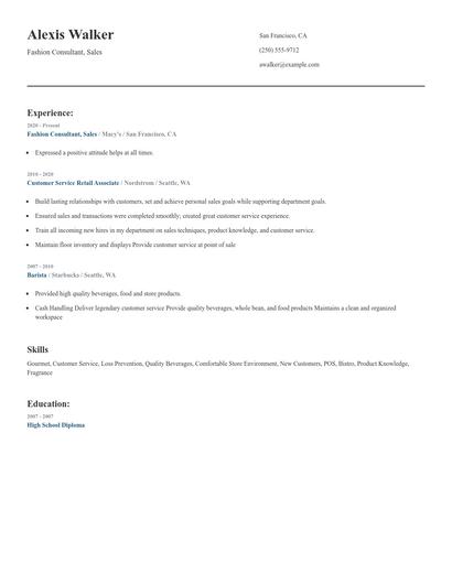 Fashion Consultant, Sales Resume