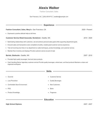 Fashion Consultant, Sales Resume