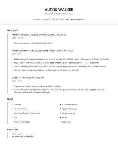 Fashion Consultant, Sales Resume