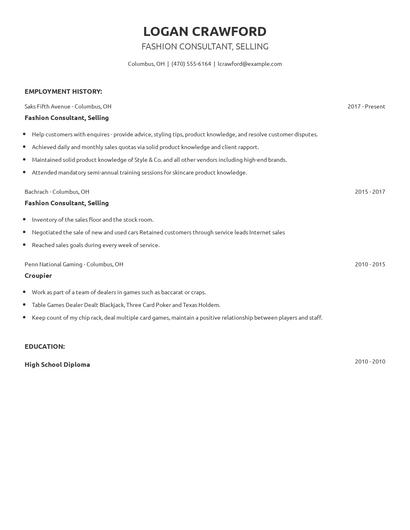 Fashion Consultant, Selling Resume