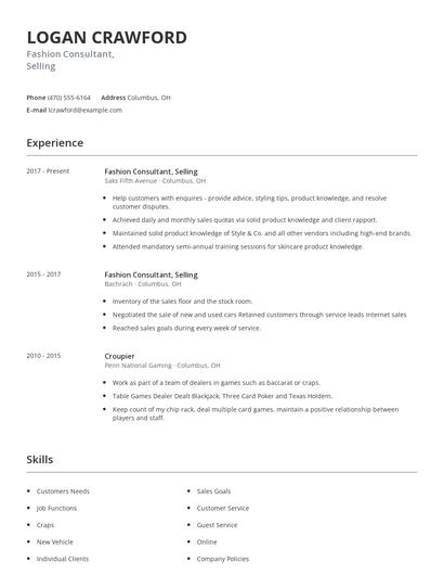 Fashion Consultant, Selling Resume